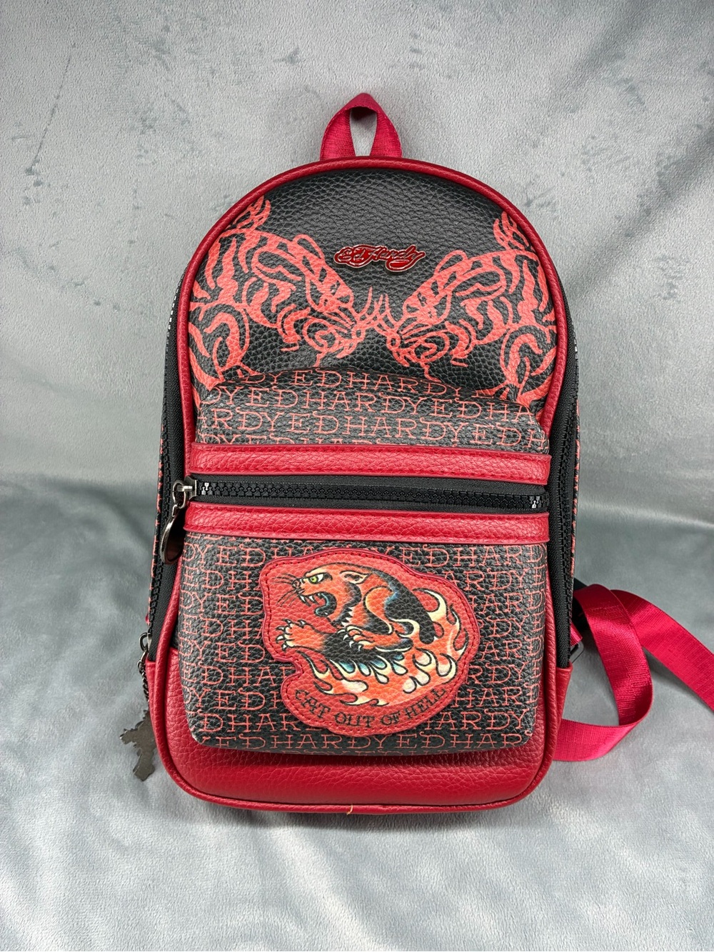 Ed Hardy Black and Red Mini Backpack with Tiger Motif